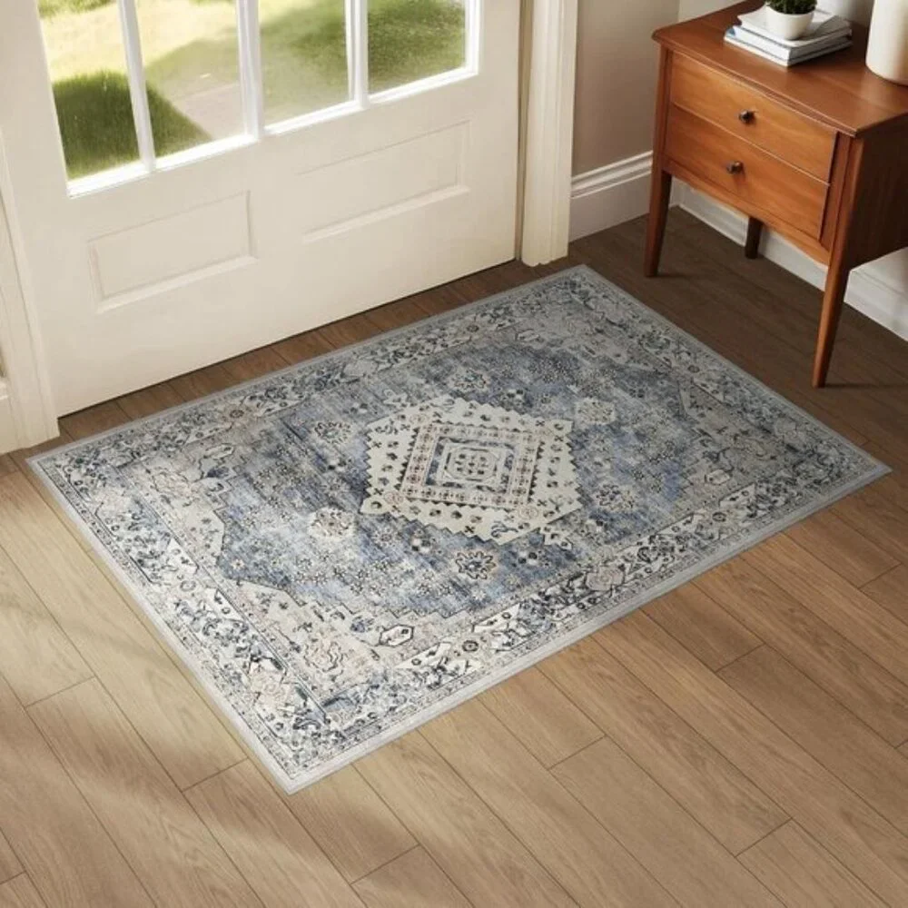New 2x3 Blue Beige Rug, Washable Vintage Low Pile Non-Slip Carpet for Entryway